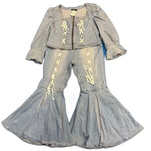 Ashley Stewart Light Blue Denim Jean set Lace up top size 14/16 jeans size 14